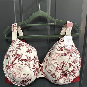 Cacique Full Coverage Bra, 46DDD, Cream and Red Print